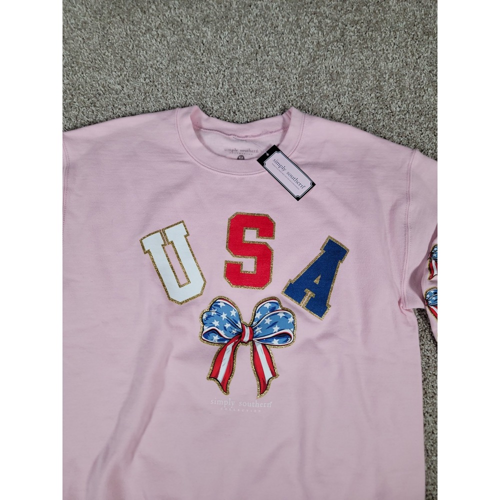 Simply Southern Sweatshirt Crewneck Sz M Pink Patriotic Bows USA 4TH of July NWT - Picture 4 of 14